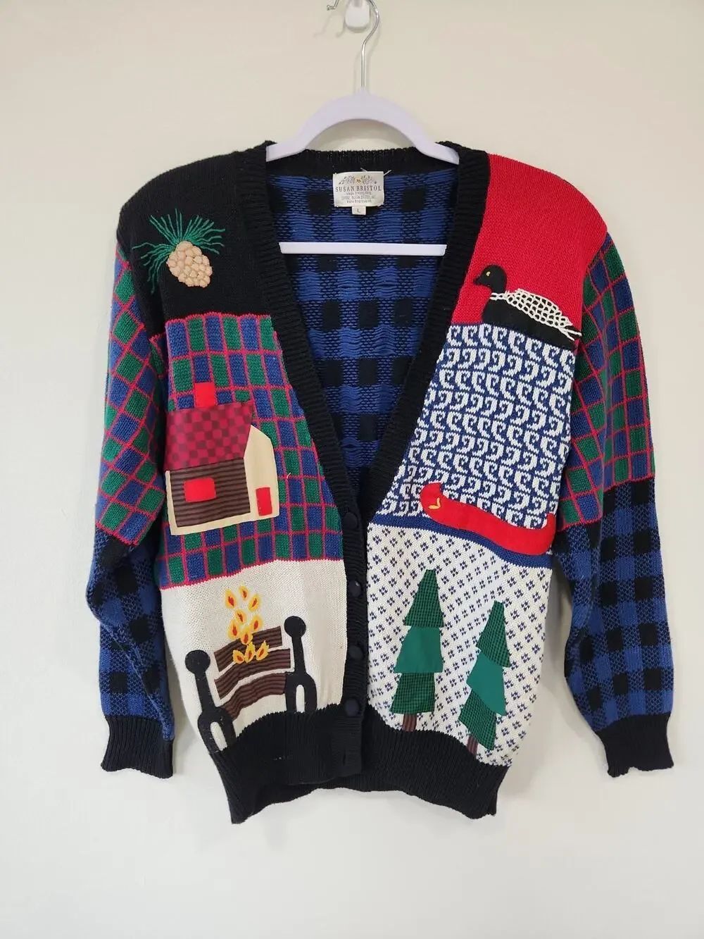 Susan Bristol Hand Embroidered Knit Cardigan Sweater Cottage Core Patchwork L